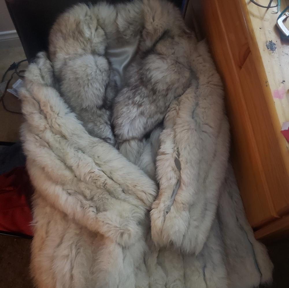 Fox fur half jacket,  leather and silk